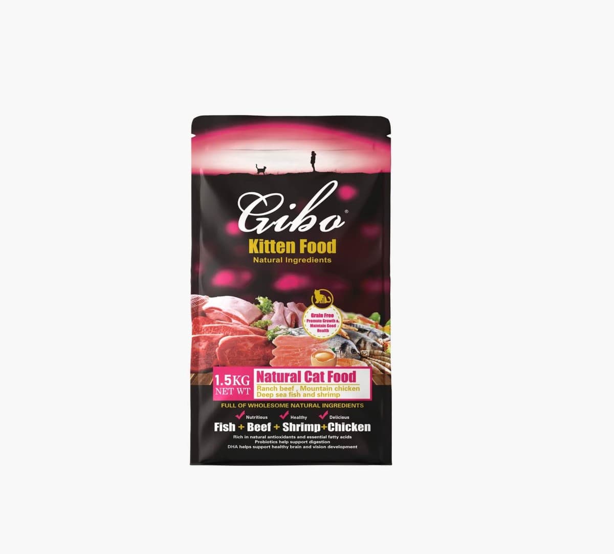 GIBO Grain Free Kitten Cat Food Fish, Beef, Chicken and Cheese Flavor 1.5 kg