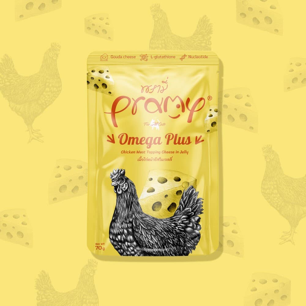 Pramy OMEGA PLUS Pouch Chicken Meat Topping Cheese in Jelly for All Cats 70gm