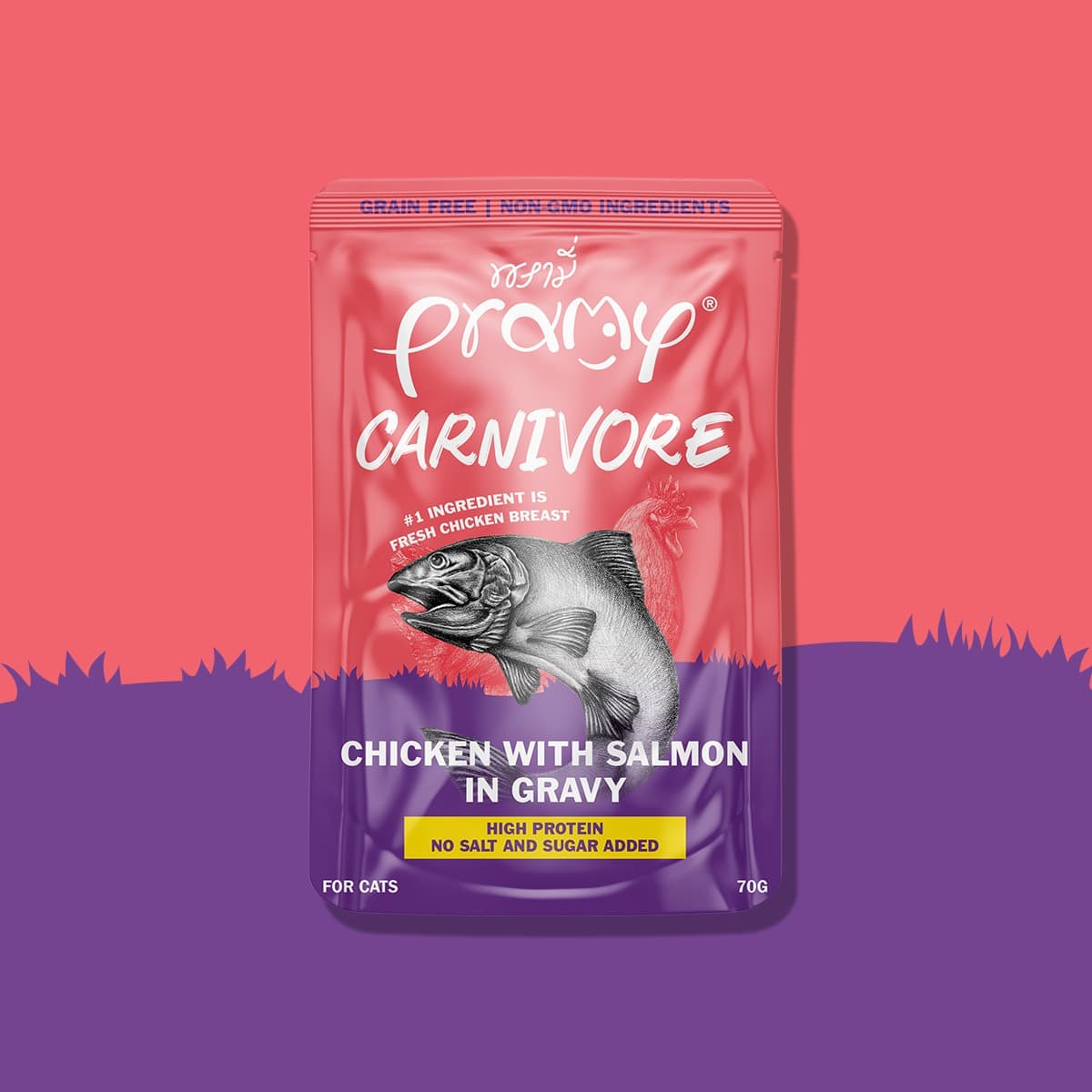 Pramy Carnivore Pouch Chicken with Salmon in Gravy for All Cats 70gm