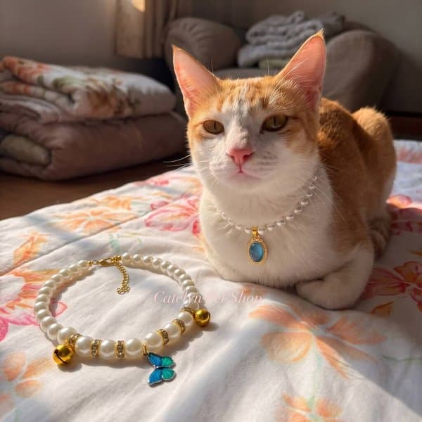 Butterfly Charm Pearl Necklace Cat Collar Belt with Bell