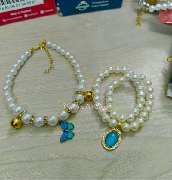 Butterfly Charm Pearl Necklace Cat Collar Belt with Bell