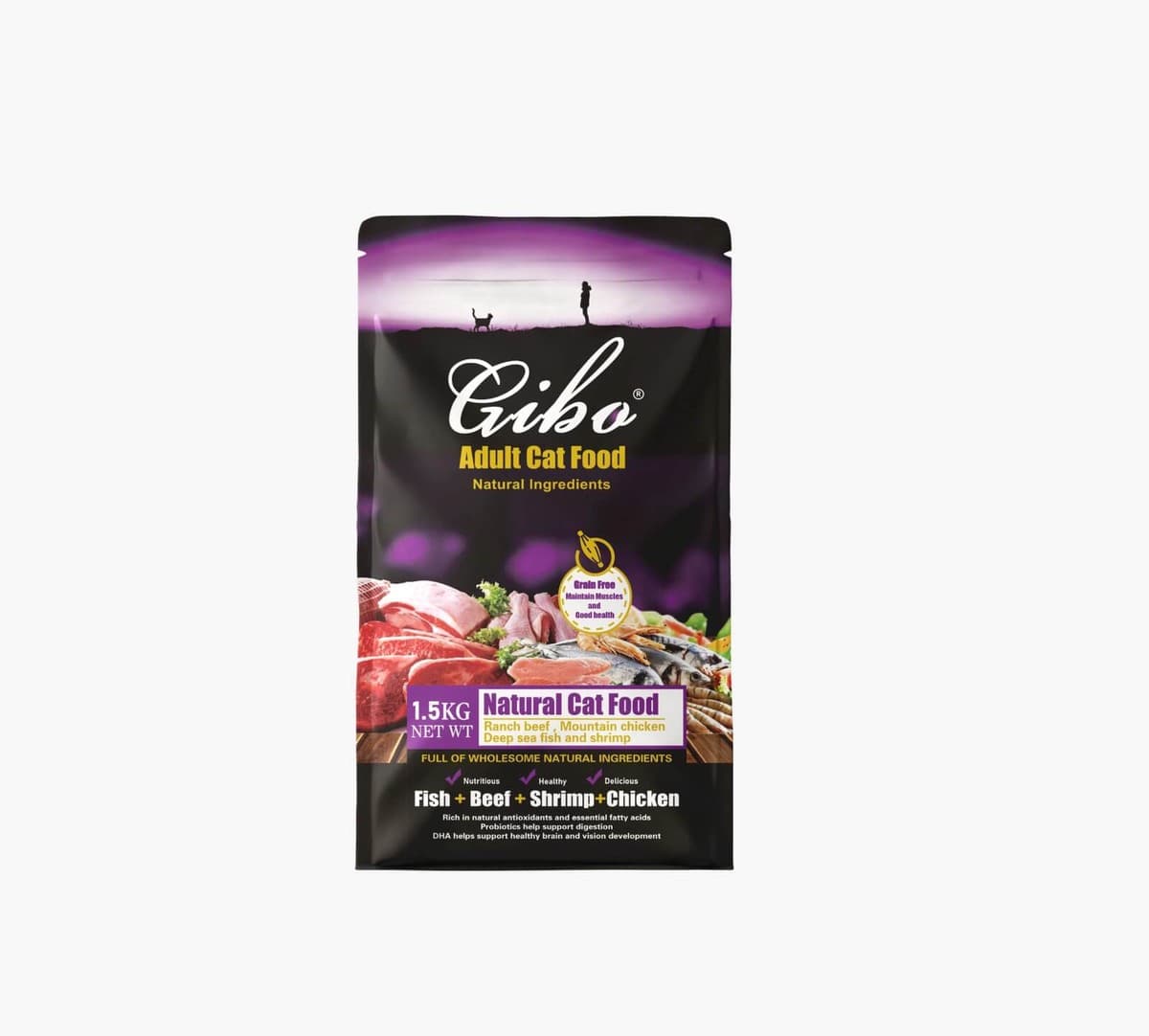GIBO Grain Free Adult Cat Food Fish, Beef, Shrimp & Chicken Flavor 1.5 kg