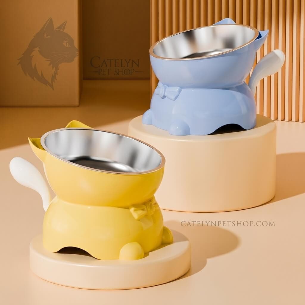 Cat Tail Elevated Bowl Stand with Slanted Stainless Steel Cat Bowl (Anti-Slip)