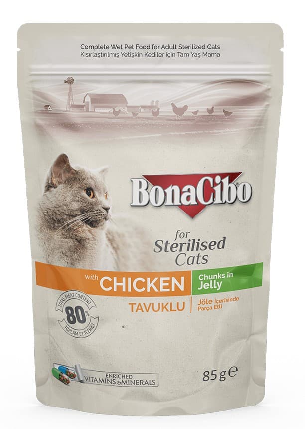 BonaCibo Adult Wet Food Pouch Sterilised Chicken 85g
