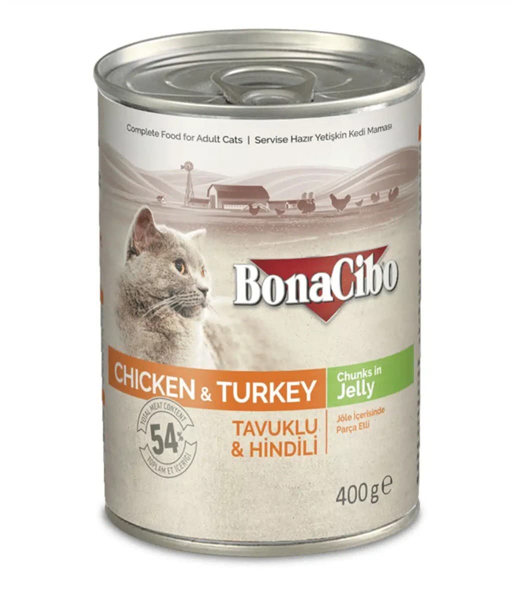 BonaCibo Canned Wet Adult Cat Food Chicken And Turkey Chunks In Jelly 400 gm