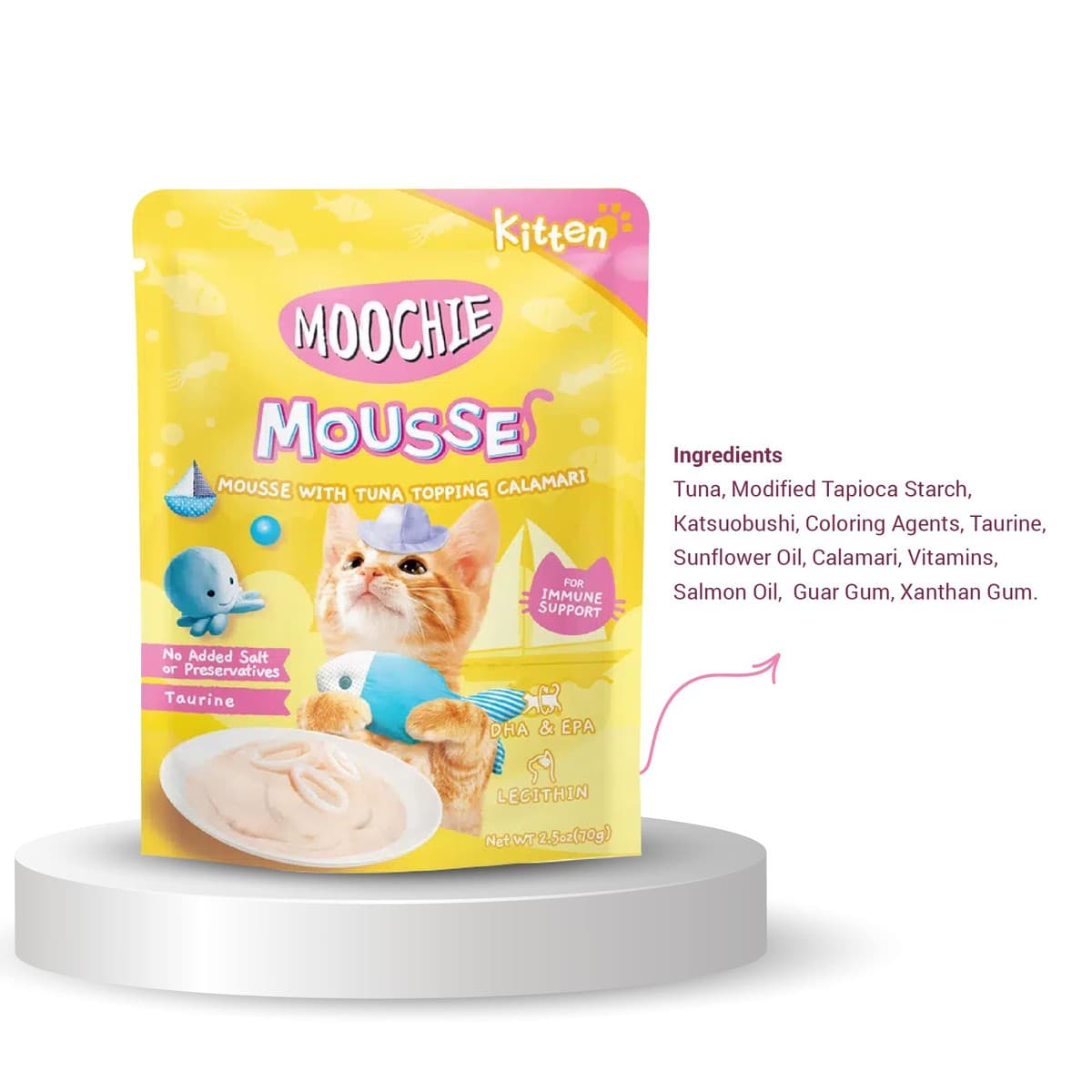 Moochie Kitten Mousse With Tuna Topping Calamari 70 gm Pouch